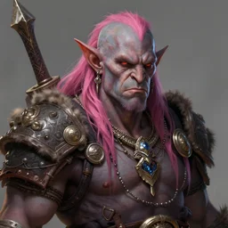 half - orc bouncer with pink streaks in hair, elaborate jewellery, painted by greg rutkowski, detailed portrait, featured in artstation
