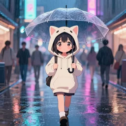 a cute anime girl wearing a cat hoodie holding an umbrella walking in a neon lit street in the rain, wlop, ilya kuvshinov, artgerm, krenz cushart, greg rutkowski, hiroaki samura, range murata, james jean, katsuhiro otomo, erik jones, serov, surikov, vasnetsov, repin, kramsk