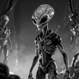 An hyperstylized image of an MIB encountering an alien for the first time, detailed, ominous, black and white