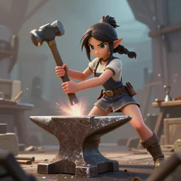 blacksmith cute girl hitting with a hammer, anvill, epic digital art illustration, wide angle, masterpiece, dynamic perspective, anatomy skills, outstanding detail, illustration, colorgrading, LUTs, octane render, redshift, simulation, | 28mm |, great composition, by sixmorevodka