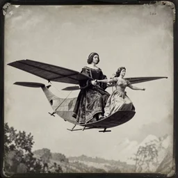 1800 photograph, daguerreotype, Leonardo Da Vinci's flying machine driven by a woman, High definition, volumetric light, detailed details,