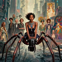 realistic detailed portrait movie shot of a beautiful black woman riding a giant spider, dystopian city landscape background by denis villeneuve, amano, yves tanguy, alphonse mucha, max ernst, ernst haeckel, kehinde wiley, caravaggio, jean delville, david lynch, roger dean, cyber necklace, rich moody colours, sci fi patterns, dramatic, wide angle