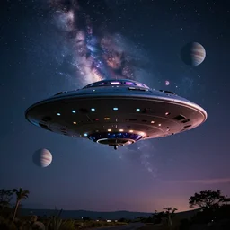 ufo hovered over a beautiful night area with alien fantastic colors in the background milky way and different planets, surreal, photography, 5 5 mm lens, high detailed, 8 k render, perfect shape, great finesse hyper detailed, hyperrealistic, ultra detailed, octane render
