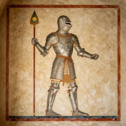 Wide shot of a Minoan painting on a wall of a knight in full plate