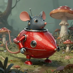 adventurer ( ( ( ( ( 1 9 5 0 s retro future robot fat mouse amphibious vehical home. muted colors. swamp mushrooms ) ) ) ) ) by jean baptiste monge!!!!!!!!!!!!!!!!!!!!!!!!! chrome red