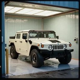 A single 1985 Hummer 911 Vector W8 Twin Turbo BMW M1 inside of a car wash, ektachrome photograph, volumetric lighting, f8 aperture, cinematic Eastman 5384 film