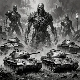 b & w inks of 4 character, destoyed bmp tanks, panzers, medical chromed, dystopian, by wayne d barlowe, h r giger, simon bisley & boris vallejo, enric torres, hyper realism, narrative light, muted colors, epic, hyper detailed, awe inspiring, award winning horror, torch lighting, hyper realism, cinematical