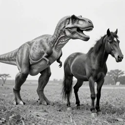 [ [ t rex ] ] and a horse with legs, hands, [ [ [ walking ] ] ], soft, black and white photograph, 1 8 5 0 s