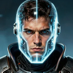 the doomslayer as a realistic scifi cyberpunk knight, closeup portrait art by donato giancola and greg rutkowski, vintage retro scifi, realistic face, digital art, trending on artstation, glowing energy shield, symmetry!!!
