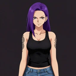 a portrait of dilraba dilmurat as revy from black lagoon, smirk, black tank top, jean shorts, brown eyes, purple hair, tribal tattoo sleeve right arm, symmetrical eyes, symmetrical face, art by lois van baarle and loish and ross tran and rossdraws and sam yang and artgerm