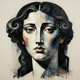 epic concept art. abstract female face silhouette mixing with black and color liquid fluid. abstract sculpture. beautiful eyes. art deco swirls. masterpiece, michelangelo. concept art, matte painting. greg rutkowski, wlop, victo ngai, kandinski