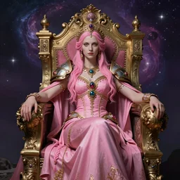 as god empress of the universe in the world of Warhammer 40K Pink Girly Feminine Sci-fi Throne Baroque Painterly High Resolution In the style of Hyacinthe Rigaud