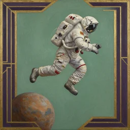 insane _ detail _ textured _ art _ deco _ painting _ of _ astronaut _ running _ on _ surface _ of _ tiny _ planet _ full _ body _ flying _ from _ bottom _ left _ to _ top _ right _ muted _ greens _ and _ browns _ geometric _ gold _ and _ deep _ purple