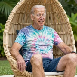 joe biden wearing a tie - dye t - shirt and sitting on a papasan chair