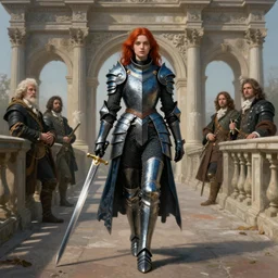 young redhead pale woman in dark and blue princess dragon armor, she is holding a sword, walking on an ancient neoclassical bridge. by henriette ronner - knip, by william henry hunt, by rembrandt, by joseph mallord william turner, by konstantin razumov, concept art, adriana lima