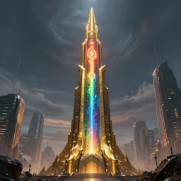 warhammer 4 0 k rainbow golden dark eldritch monument with strange cyberpunk glowing symbol rising from a futuristic city into the sky by beksinski, high detail hyperrealistic