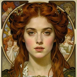 realistic detailed face portrait of Natalie Dormer as a beautiful young medieval queen by Alphonse Mucha, Ayami Kojima, Amano, Charlie Bowater, Karol Bak, Greg Hildebrandt, Jean Delville, and Mark Brooks, Art Nouveau, Neo-Gothic, gothic, rich deep moody colors