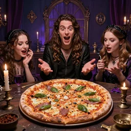 A pizza seance, Extremely detailed, Occult, funny, humorous, humor, influencer, hilarious, funny, entertaining, magical, trending on artstationHQ