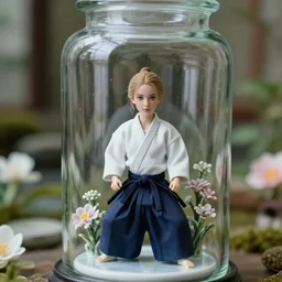 cinestill 5 0 d, 8 k ; beautiful hyperrealistic britt marling real - life azure eyes porcelain gauze aikido figurine in victorian glass jar in aikido ( 1 9 9 1 ) film still of zen glass garden flower scene in frontiers in porcelain photography fashion june medium full shot closeup portrait edition ;, tilt shift background