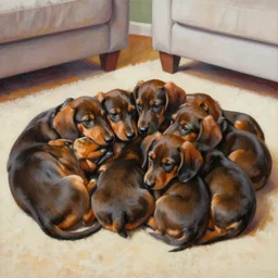 color painting of many dachshund puppies cuddling together on the living room floor,