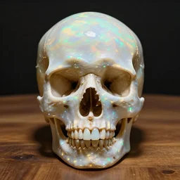 human skull made from opal sitting on a wooden table, crystalline, symmetrical