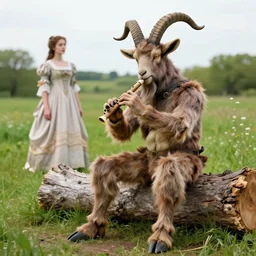 actor Roddy McDowell in Elaborate Pan Satyr Goat Man Makeup and prosthetics designed by Rick Baker, Hyperreal, He has goat man legs, cloven feet and horns, He is sitting on a log near a beautiful meadow holding his flute. A beautiful Maiden in a beautiful Sandy Powell designed Victorian era dress can be seen off in the distance