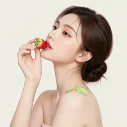 the portrait of an absurdly beautiful, graceful, elegant, sophisticated, innocent woman made of strawberries and green petals looking up, an ultrafine hyperdetailed illustration by kim jung gi, irakli nadar, intricate linework, bright colors, octopath traveler, final fantasy, unreal engine 5 highly rendered, global illumination, radiant light, detailed and intricate environment