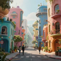 A professional photograph in the style of Gustavo Minas of a colorful science fiction suburban neigbourhood, in the future. The walls change colour and shape depending on the clothing of the few people walking in front of them, epic lighting, 8K, volumetric light, lightrays, 35mm, urban, hyperrealistic, insanely detailed, atmospheric