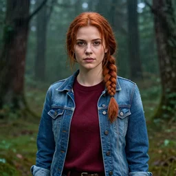 an insanely detailed realistic depiction of beautiful jodi from stardew valley standing in the rainy forest wearing burgundy sweater under blue denim jacket, auburn hair, pretty brown eyes, french braid, in the style of peter mohrbacher, artgerm, dramatic lighting and composition, octane render, trending on artstation, concept art 8 k