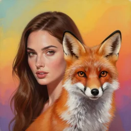 painting of [ hybrid between megan fox & fox ], intercrossed human & animal, human face with fox whiskers and ears, half of the face has no skin at all, trending on art - station, 8 k, mixture, by zdzislaw beksinski, logical anatomy, bright hue's, vibrant tone gradient background, concept art, beautiful composition, hyperdetailed, digital