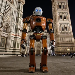 photo of a huge 5 0 es robot walking in piazza del duomo in firenze, night, first person view