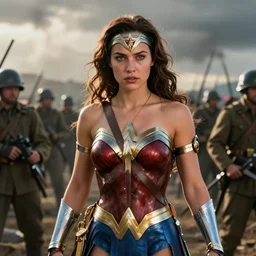 Katniss Everdeen as Wonder Woman, on a WW1 battlefield, film still, cinematic, dramatic lighting