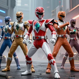 realistic scene of power rangers in war, ultra realistic, 8 k
