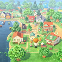 a beautiful port town as seen from above in the style of animal crossing new horizons and ori and the blind forest h 6 4 0