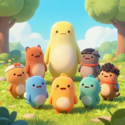 Happy cute critters, Moebius, Kim Jung Gi, Greg Rutkowski, Zabrocki, Karlkka, Jayison Devadas, Phuoc Quan, trending on Artstation, 8K, ultra wide angle, pincushion lens effect