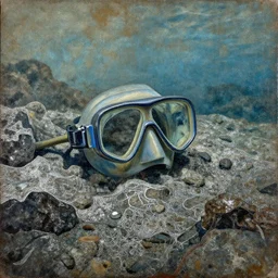 shiny rocky sea floor glimmering thin contours mixed media aged fresco, abandoned scuba visor