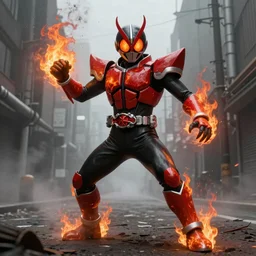 character portrait of a demonic monster kamen rider with fire eyes doing a henshin pose standing in a misty city street, wielding fire, monster made out of fire, matte painting, dramatic lighting, 8 k, rubber suit, digital painting, concept art, muted colors, red colors, moody colors, broken pipes, in the style of frank frazetta