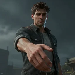 moistcritical offering a handshake towards the camera, cinematic, gloomy background, realistic, digital art, character art, 8 k