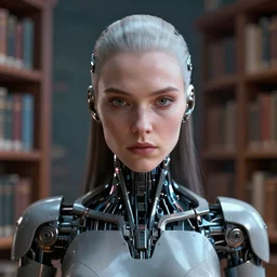 centralized close up portrait, serious, robot queen, abstract library background, rhads, ross tran, artstation, artgerm, octane render, 8 k