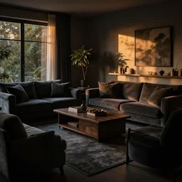 tastefully decorated dark dreamy living room at night with dark luxurious furnishings, and a mix of antique and modern furniture, and a mix of concrete and wood finishes, soft focus cinematic still, dark dreamy golden sunset dappled light