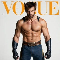 wolverine. pose. studio photo. vogue magazine cover with text. highly detailed