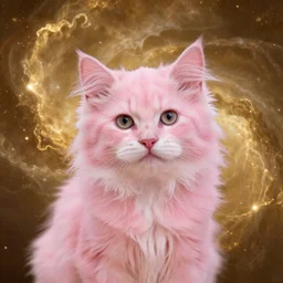 Beautiful pink fluffy kitten, background golden cosic nebular dreamlike Photography, First-Person, Full-HD, Natural Lighting