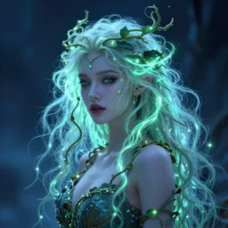 godlike enchantress with glowing hair in the shape of vines, dark blue background portrait