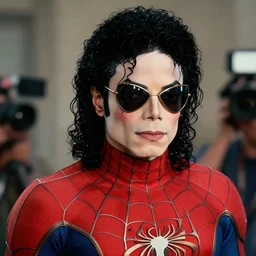 michael jackson 2 0 0 9 with shades wearing spider - man body suit, uhd, sharp, ultra realistic face, 4 k, cinematic, marvel, render, behind the scenes, leaked, set photo, detailed, modern, real life, sighting, photo real