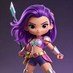 cute Miranda Kerr in heroic pose with weapon, cinematic, 4k, hyper realistic, super detailed, colorful accents, purple hair, golden ratio, symmetrical face, highly detailed professional photo, character is in all its glory, character is centered on the image, rim lights, vray caustics, hyper realistic by Sandra Chevrier