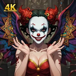 4K headshot of sexy goddess clown with defined arms and open hands and bloody clothes with giant mandala wings , intricate face , flawless anime cel animation by Kentaro Miura, psychedelic , highly detailed upper body , professionally post-processed , beautiful, scary, symmetry accurate features, epic, octane rendered, anime masterpiece, accurate