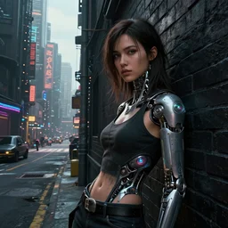 a frontal photo of a beautiful young woman by wlop leaning against a black brick wall in a cyberpunk alley, you can see a cyberpunk crowded metropolis street around the corner, blade runner 2 0 4 9 architecture, from overwatch and oblivion movie, art by jungyeonmin and james jean jhonseru jsezz artstation and greg rutkowski, biomechanical, lens orbs, global illumination architectural, volumetric lighting, granular detail, hyperrealist, micro details, blender, vray