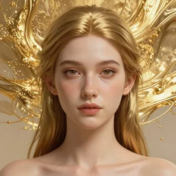 a photorealistic portrait of a goddess ((Gold fluid simulation in the background)), perfectly proportioned face, ultra super good realistic 3D render by Pete Morbacher and Emil Melmoth, insanely detailed, trending on artstation