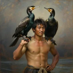 romantic portrait painting of a fisherman with a cormorant on his shoulders, in romantic style, sfumato