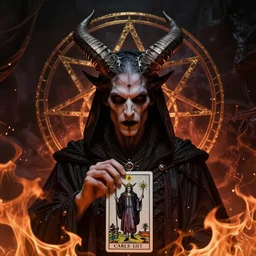 Satanic Carl Sagan, Dark lord of Hell. Portrait. Evil personified. Occult. Tarot. Upside Down Pentagram. horns. flames. hyper realistic